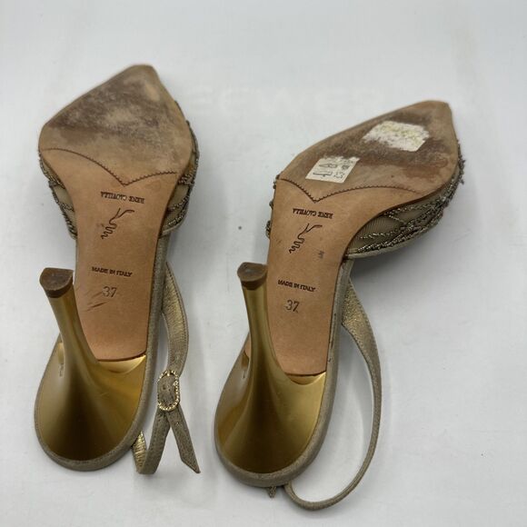 Rene Caovilla Gold Metallic Pink Beaded Leather Heels Slingbacks Sz 7 - Picture 7 of 10